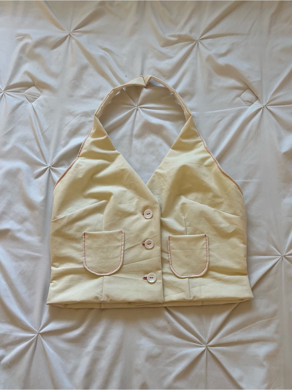 Cream button up vintage halter vest top with pink stitching